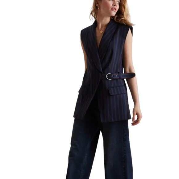 Anthropologie Navy Red Striped Side Buckle Vest Womens Size Small - Picture 2 of 8